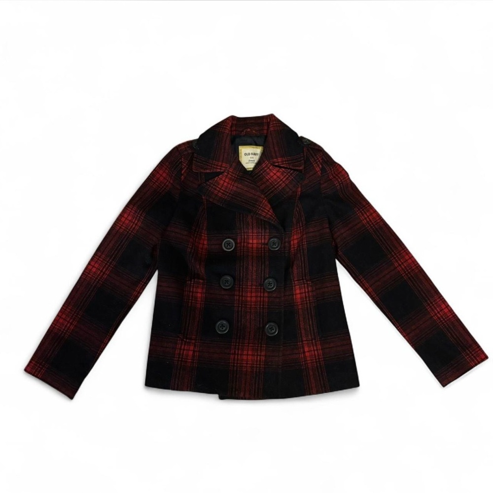 Old Navy Red and Navy Blue Plaid Peacoat